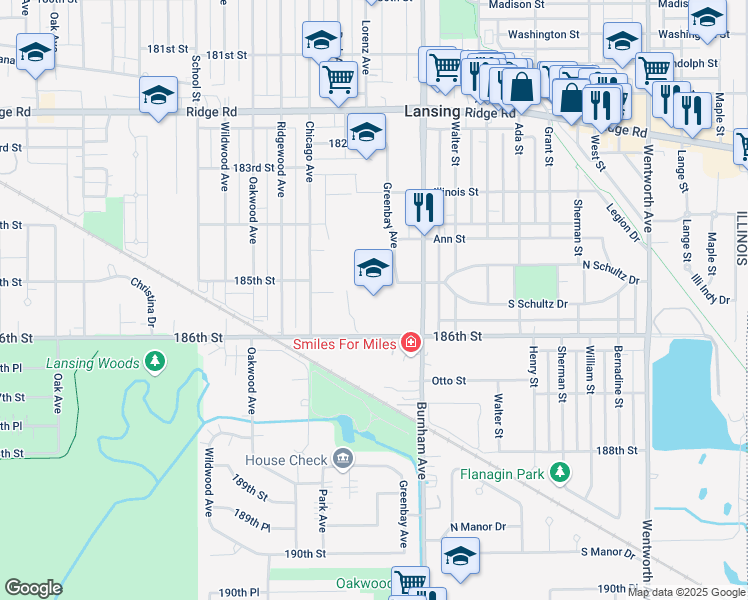 map of restaurants, bars, coffee shops, grocery stores, and more near 18500 Burnham Avenue in Lansing