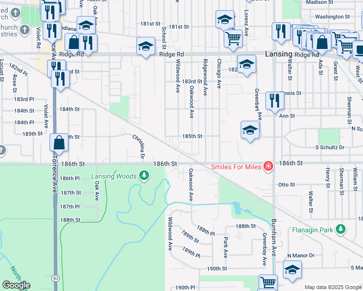 map of restaurants, bars, coffee shops, grocery stores, and more near 18521 Wildwood Avenue in Lansing