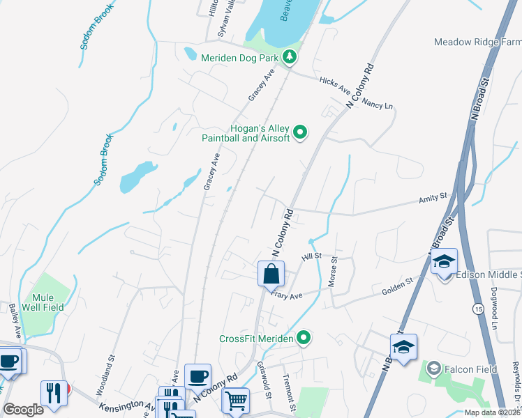 map of restaurants, bars, coffee shops, grocery stores, and more near 882 North Colony Road in Meriden