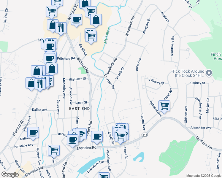 map of restaurants, bars, coffee shops, grocery stores, and more near 825 Frost Road in Waterbury
