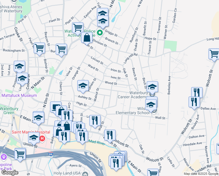 map of restaurants, bars, coffee shops, grocery stores, and more near 200 Wood Street in Waterbury