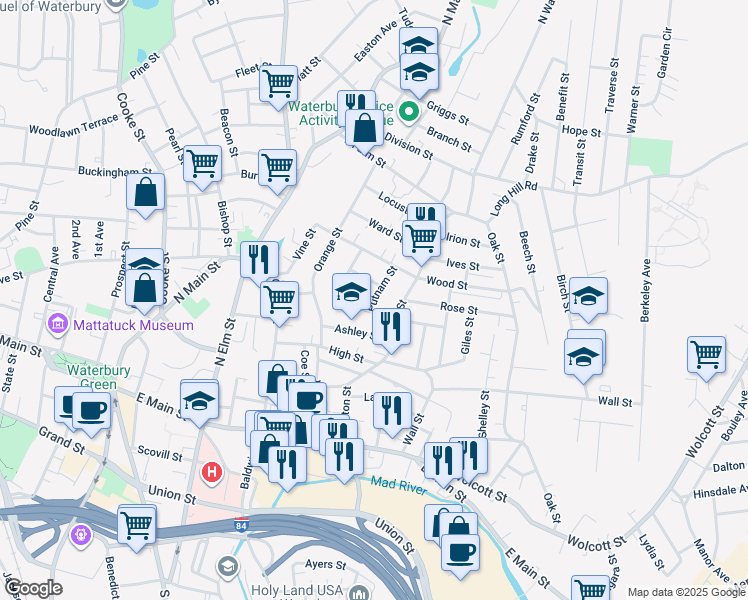 map of restaurants, bars, coffee shops, grocery stores, and more near 30 Putnam Street in Waterbury