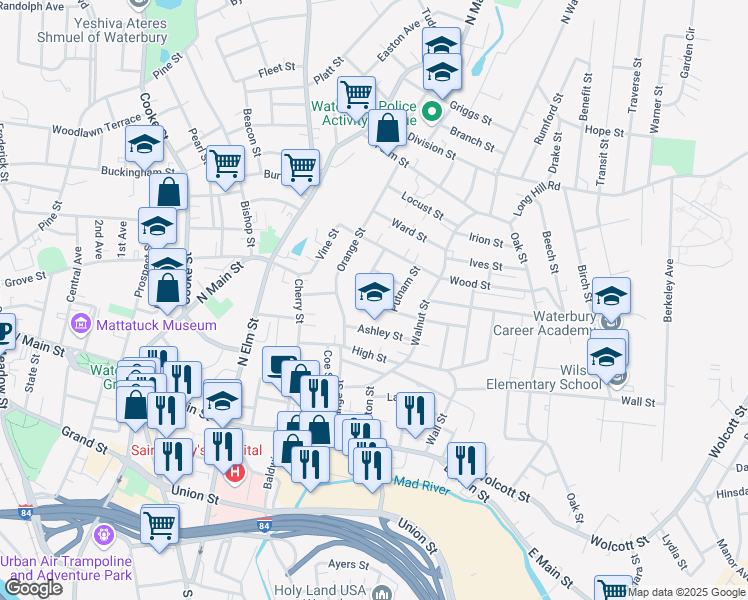 map of restaurants, bars, coffee shops, grocery stores, and more near 92 Dikeman Street in Waterbury
