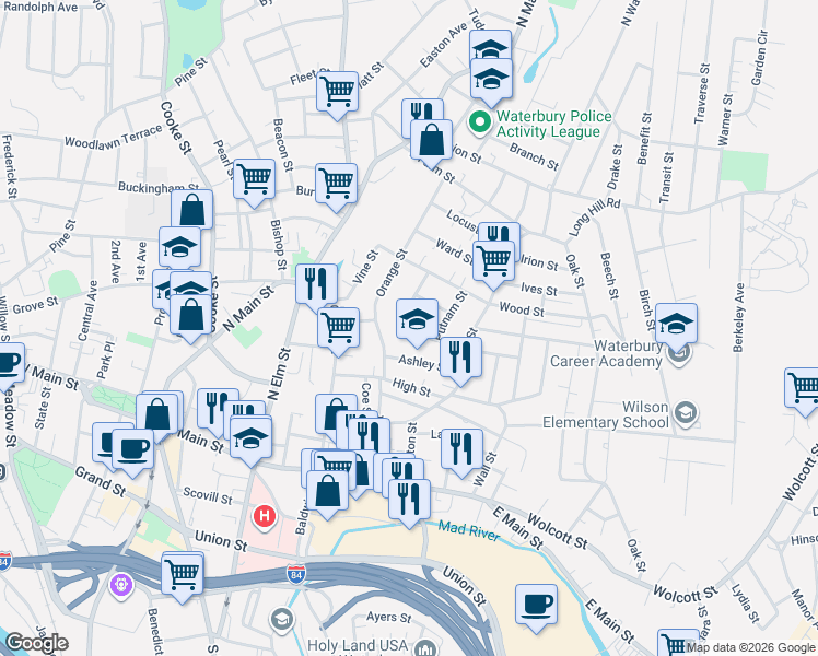 map of restaurants, bars, coffee shops, grocery stores, and more near 92 Dikeman Street in Waterbury