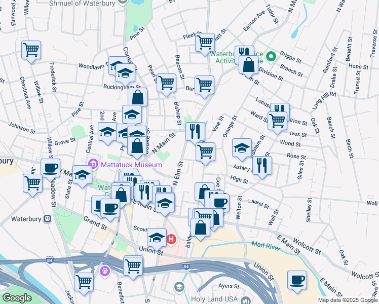 map of restaurants, bars, coffee shops, grocery stores, and more near 232 North Elm Street in Waterbury