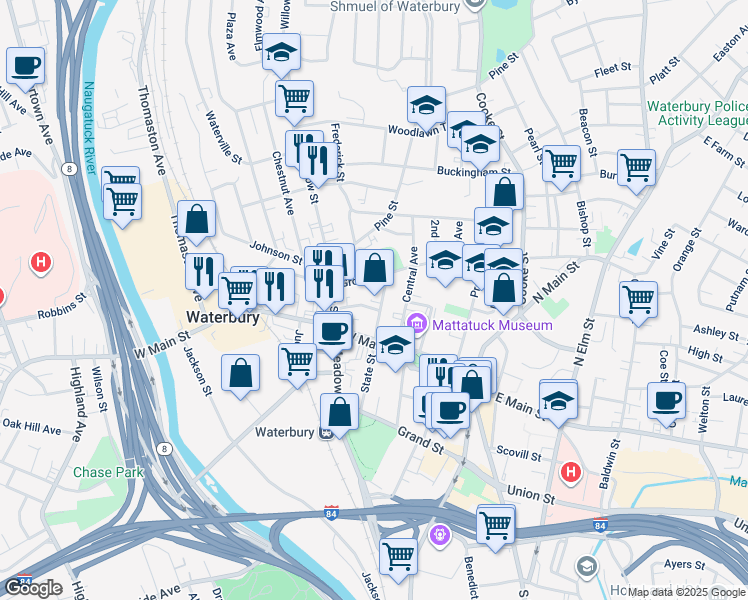 map of restaurants, bars, coffee shops, grocery stores, and more near 263 Grove Street in Waterbury
