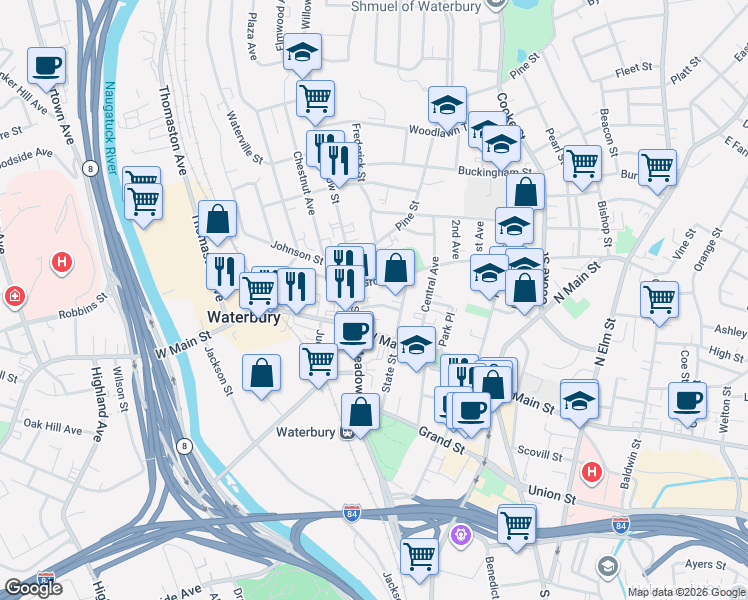map of restaurants, bars, coffee shops, grocery stores, and more near 263 Grove Street in Waterbury