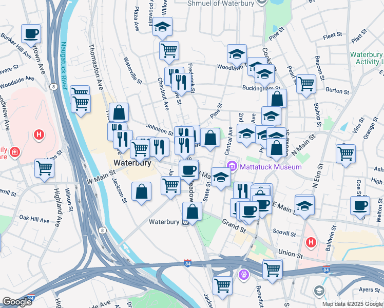 map of restaurants, bars, coffee shops, grocery stores, and more near 43 Willow Street in Waterbury