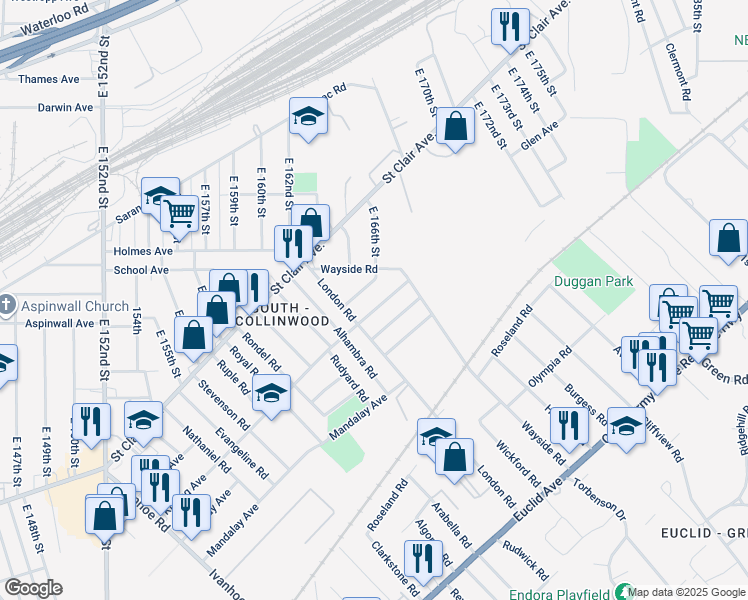 map of restaurants, bars, coffee shops, grocery stores, and more near 16440 Braddock Avenue in Cleveland