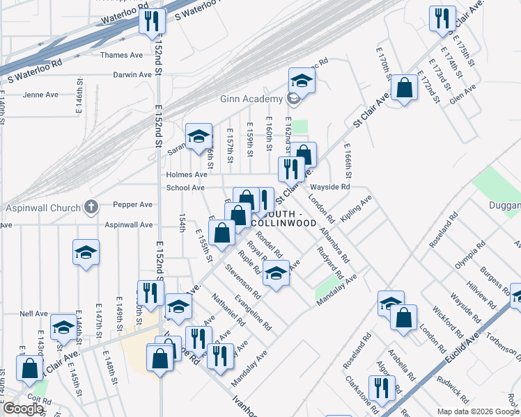 map of restaurants, bars, coffee shops, grocery stores, and more near 15930 Whitcomb Road in Cleveland