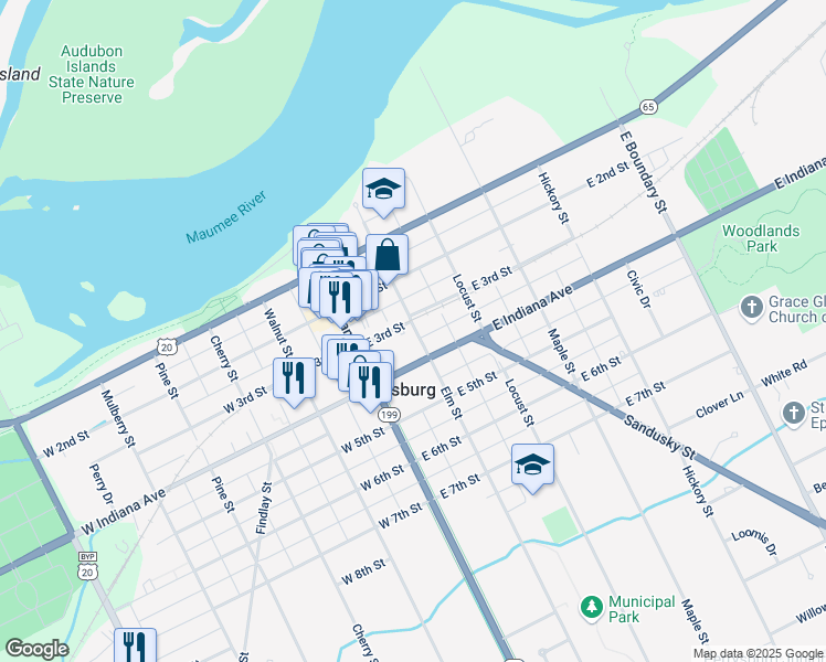 map of restaurants, bars, coffee shops, grocery stores, and more near 306 Elm Street in Perrysburg