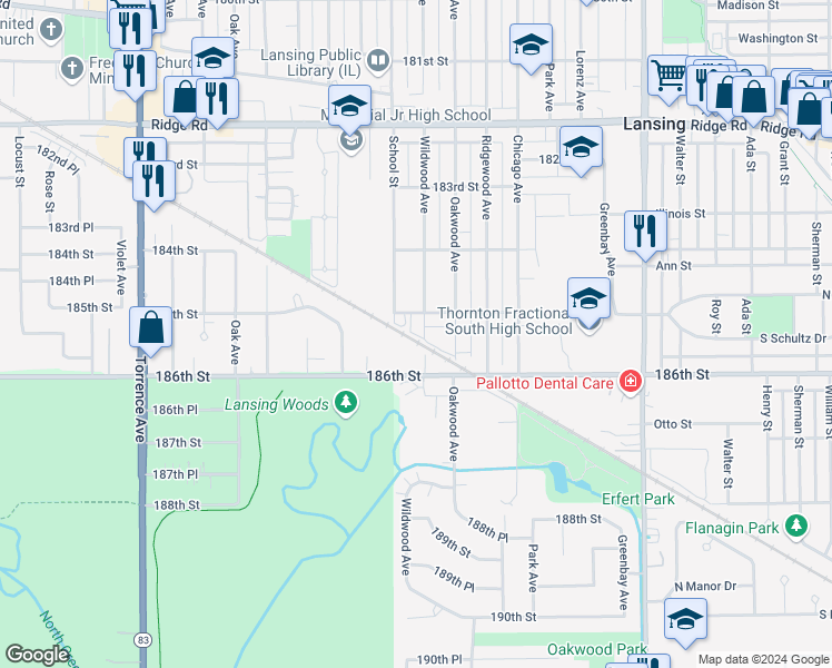 map of restaurants, bars, coffee shops, grocery stores, and more near 2908 185th Street in Lansing