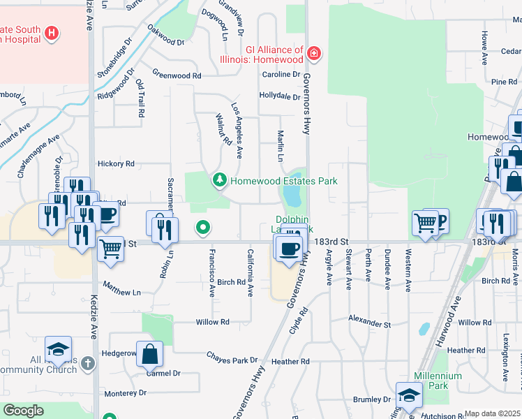 map of restaurants, bars, coffee shops, grocery stores, and more near 2745 Tarpon Court in Homewood