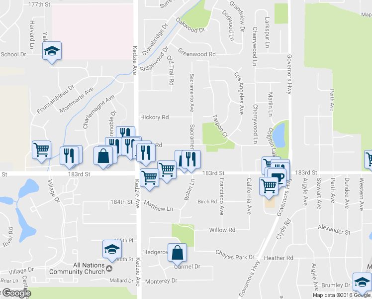 map of restaurants, bars, coffee shops, grocery stores, and more near 3009 Olive Road in Homewood