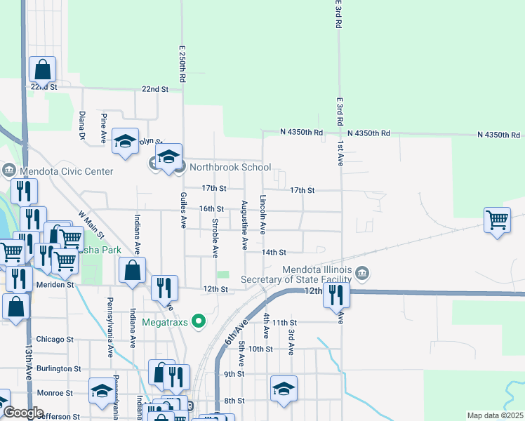 map of restaurants, bars, coffee shops, grocery stores, and more near 1703 Lincoln Avenue in Mendota