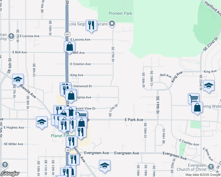 map of restaurants, bars, coffee shops, grocery stores, and more near 1618 East Glenwood Drive in Des Moines