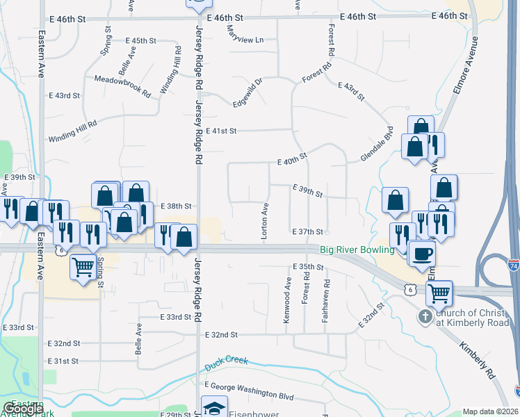 map of restaurants, bars, coffee shops, grocery stores, and more near 2606 East 38th Street in Davenport