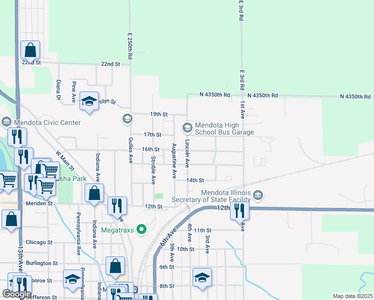 map of restaurants, bars, coffee shops, grocery stores, and more near Lincoln Avenue in Mendota