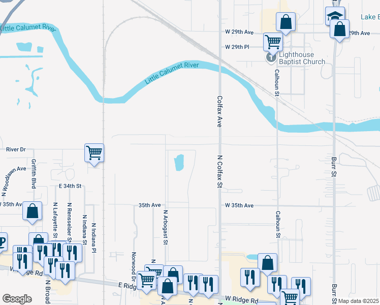 map of restaurants, bars, coffee shops, grocery stores, and more near 1055 River Road in Griffith