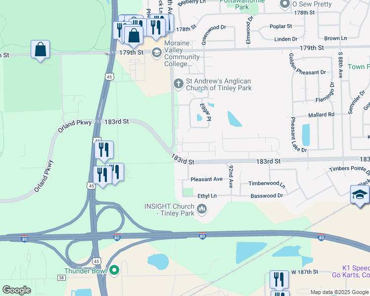 map of restaurants, bars, coffee shops, grocery stores, and more near 18234 Murphy Circle in Tinley Park
