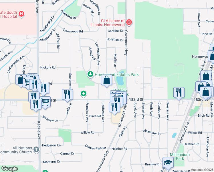 map of restaurants, bars, coffee shops, grocery stores, and more near 2745 Tarpon Court in Homewood