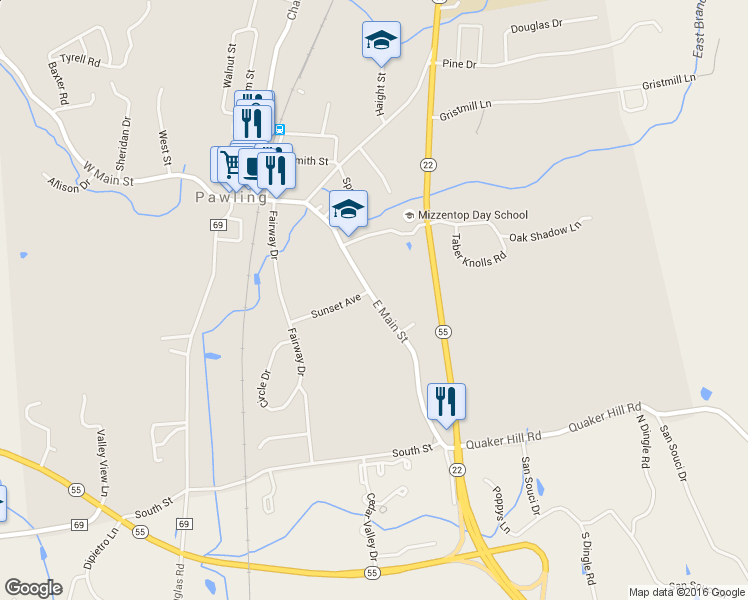 map of restaurants, bars, coffee shops, grocery stores, and more near 94 East Main Street in Pawling