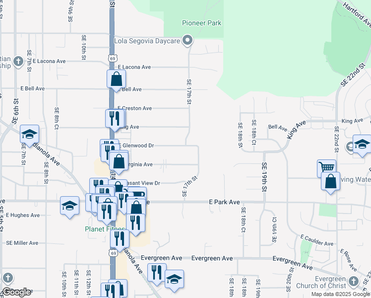 map of restaurants, bars, coffee shops, grocery stores, and more near 1618 East Glenwood Drive in Des Moines