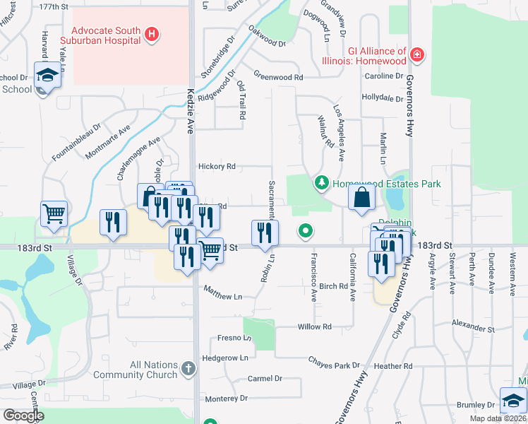 map of restaurants, bars, coffee shops, grocery stores, and more near 3009 Olive Road in Homewood