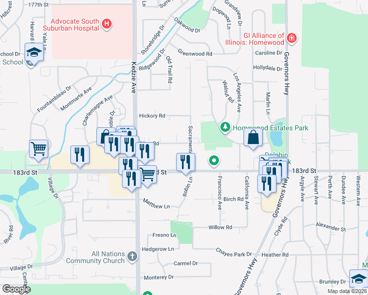 map of restaurants, bars, coffee shops, grocery stores, and more near 3009 Olive Road in Homewood