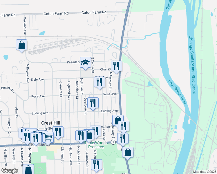 map of restaurants, bars, coffee shops, grocery stores, and more near 1914 Cora Street in Crest Hill