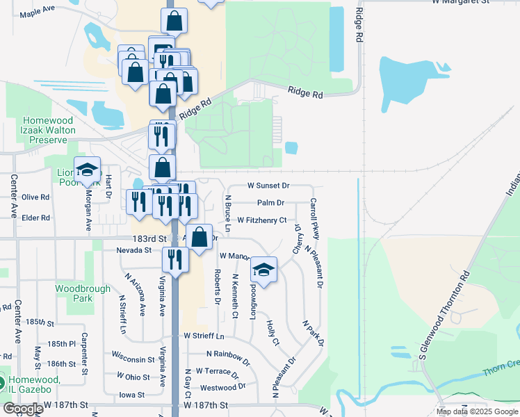map of restaurants, bars, coffee shops, grocery stores, and more near 740 Palm Drive in Glenwood