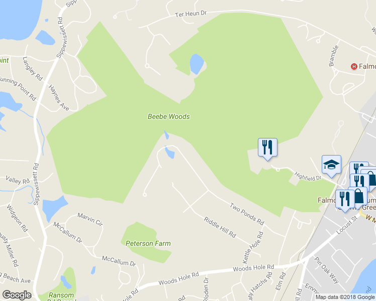 map of restaurants, bars, coffee shops, grocery stores, and more near 105 Two Ponds Road in Falmouth