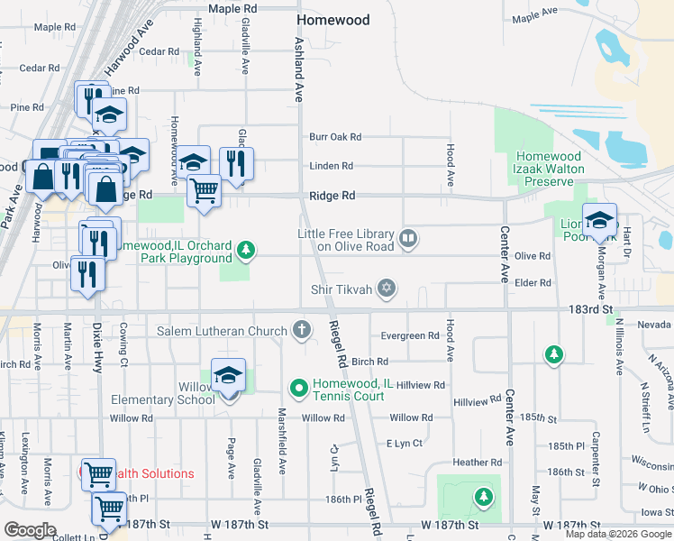 map of restaurants, bars, coffee shops, grocery stores, and more near 1521 Olive Road in Homewood
