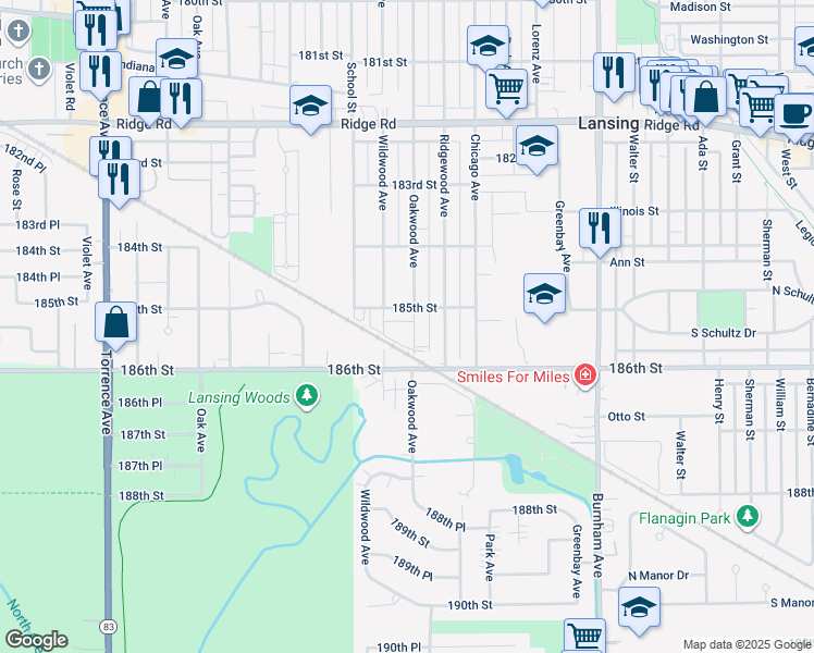 map of restaurants, bars, coffee shops, grocery stores, and more near 18520 Oakwood Avenue in Lansing