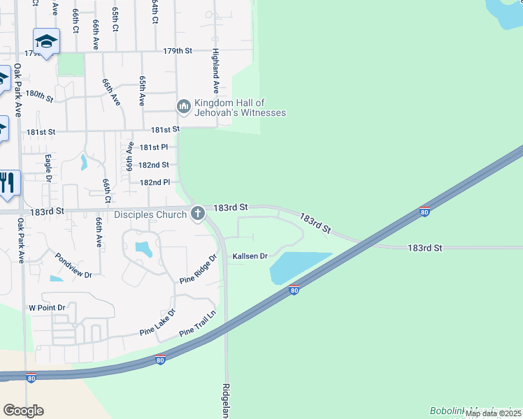 map of restaurants, bars, coffee shops, grocery stores, and more near 6246 Misty Pines Drive in Tinley Park