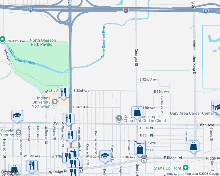 map of restaurants, bars, coffee shops, grocery stores, and more near 3261 Delaware St in Gary