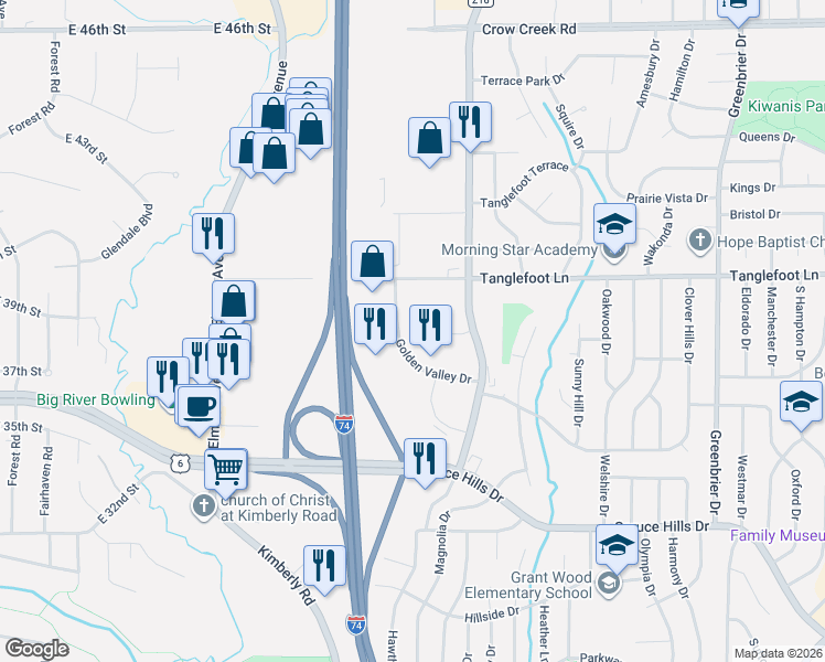 map of restaurants, bars, coffee shops, grocery stores, and more near 850 Golden Valley Drive in Bettendorf