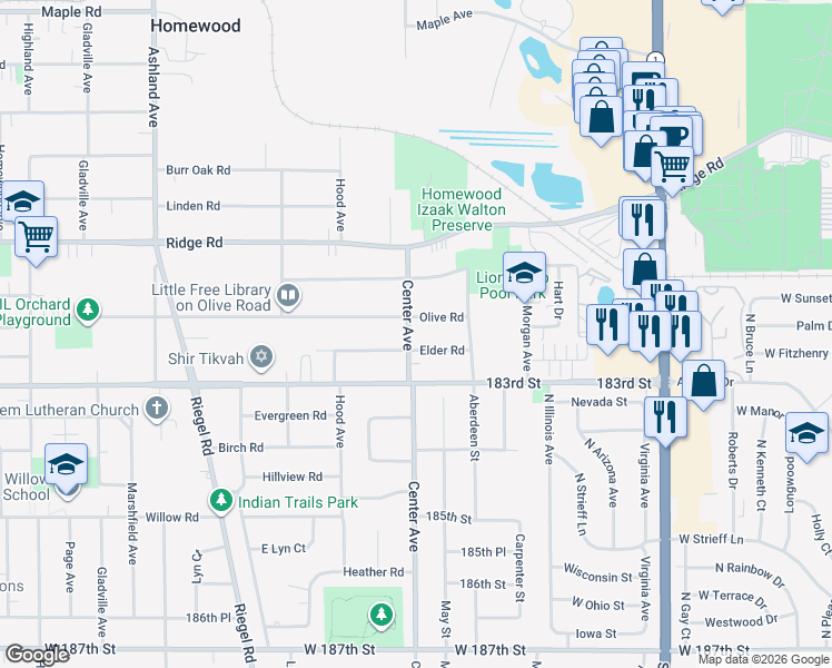 map of restaurants, bars, coffee shops, grocery stores, and more near 1135 Olive Road in Homewood
