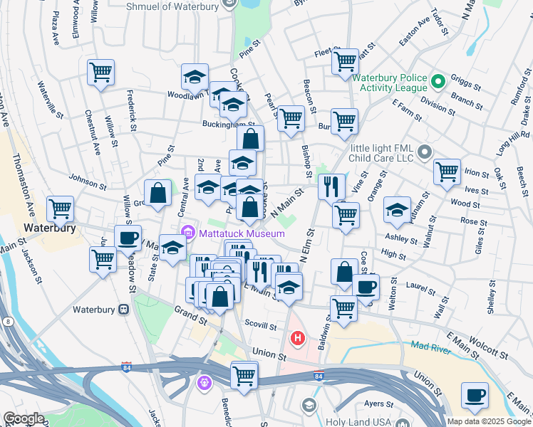 map of restaurants, bars, coffee shops, grocery stores, and more near 245 North Main Street in Waterbury