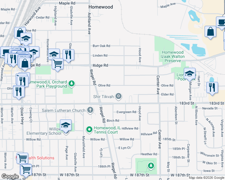 map of restaurants, bars, coffee shops, grocery stores, and more near 1447 Olive Road in Homewood