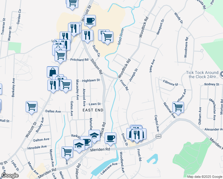 map of restaurants, bars, coffee shops, grocery stores, and more near 404 Woodtick Road in Waterbury