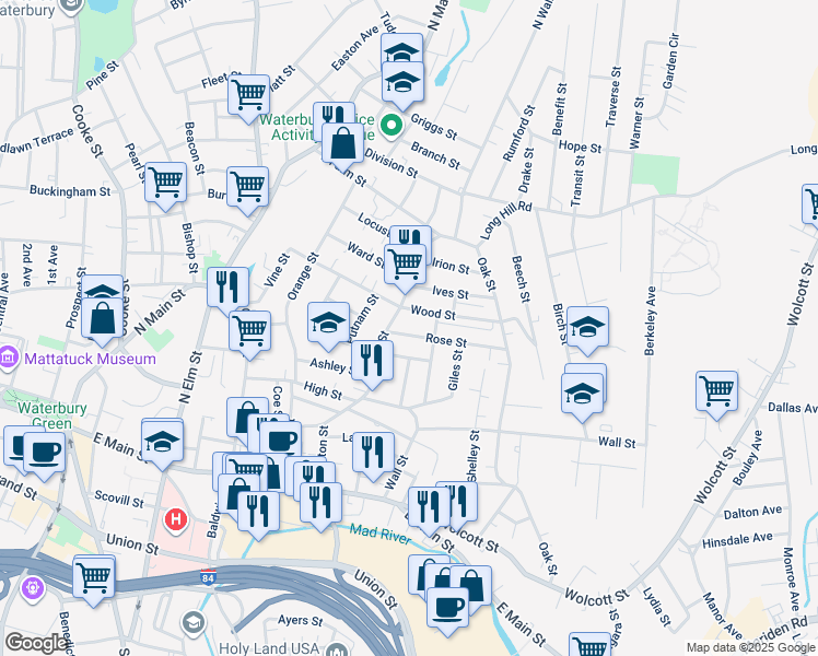 map of restaurants, bars, coffee shops, grocery stores, and more near 244 Walnut Street in Waterbury