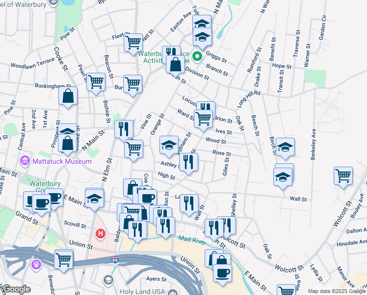 map of restaurants, bars, coffee shops, grocery stores, and more near 30 Putnam Street in Waterbury