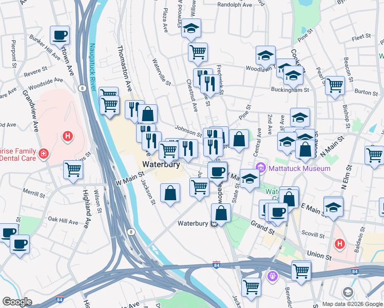 map of restaurants, bars, coffee shops, grocery stores, and more near 46 French Street in Waterbury