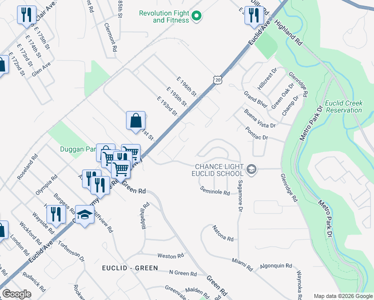 map of restaurants, bars, coffee shops, grocery stores, and more near 19229 Shawnee Drive in Euclid