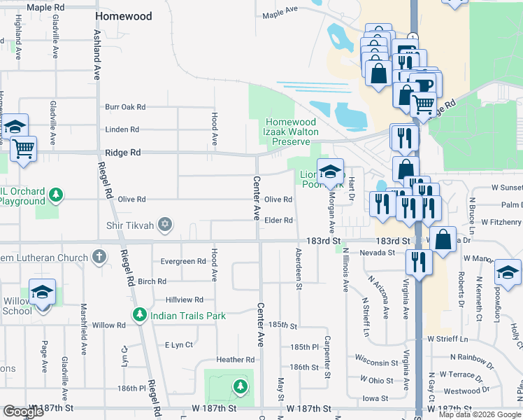 map of restaurants, bars, coffee shops, grocery stores, and more near 1135 Olive Road in Homewood