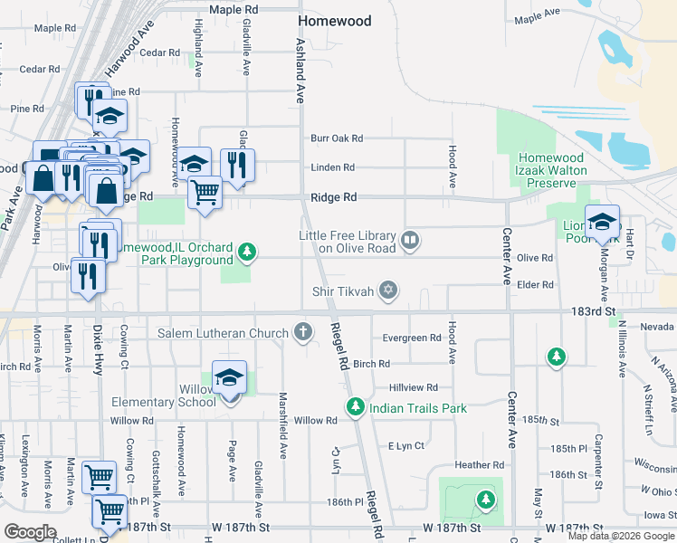 map of restaurants, bars, coffee shops, grocery stores, and more near 1521 Olive Road in Homewood