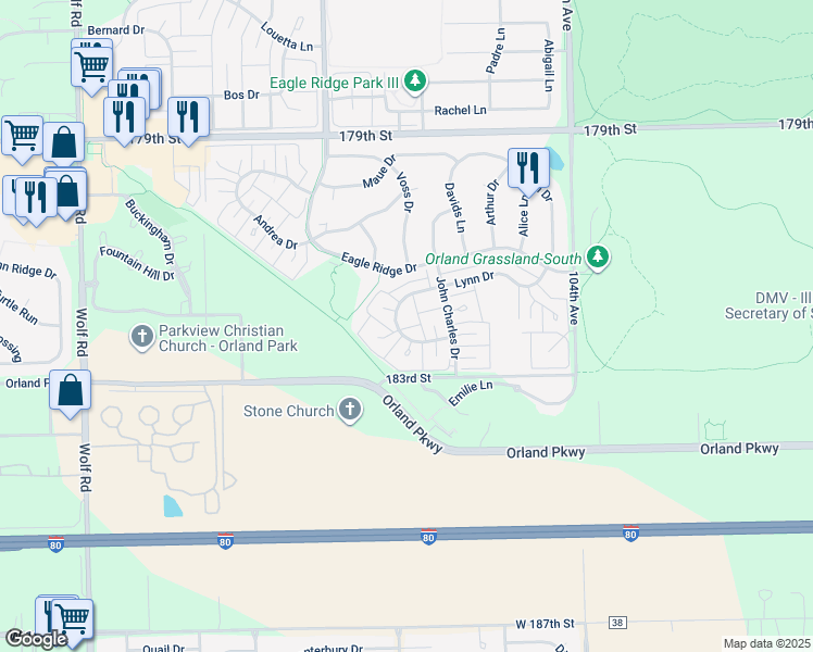 map of restaurants, bars, coffee shops, grocery stores, and more near 18203 Lynn Drive in Orland Park
