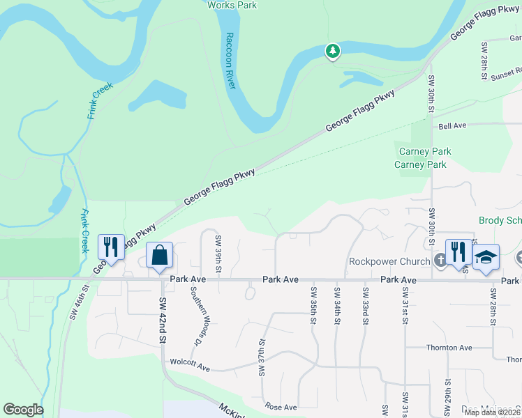 map of restaurants, bars, coffee shops, grocery stores, and more near 3737 Southern Hills Drive in Des Moines