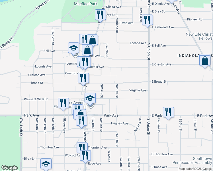 map of restaurants, bars, coffee shops, grocery stores, and more near 610 Broad St in Des Moines
